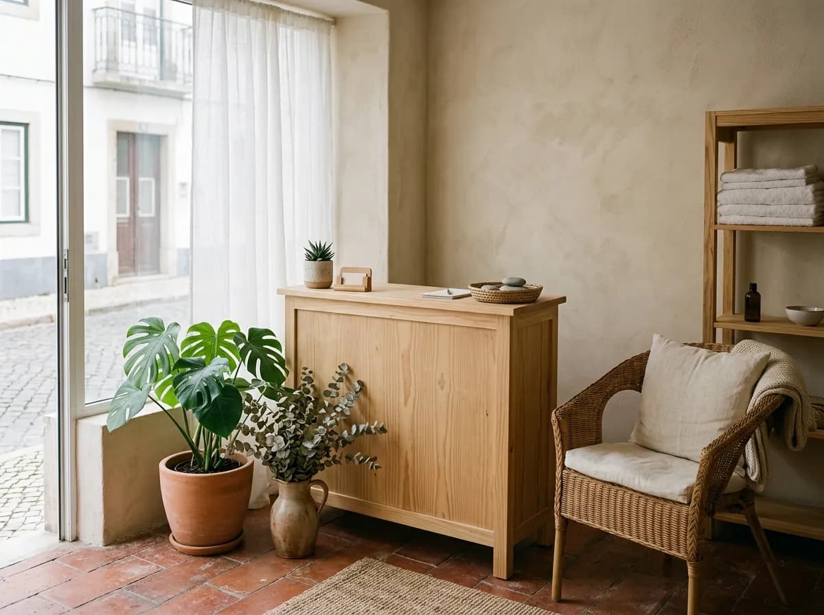 O canto de receção acolhedor do Padma Spa com plantas e linho