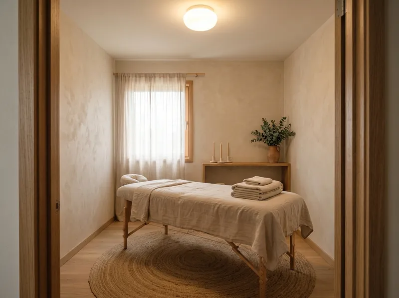 A sala de massagem pronta antes da sessão, luz acesa e toalhas dobradas