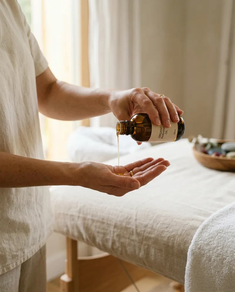 Mãos de terapeuta a aquecer óleo antes de uma sessão